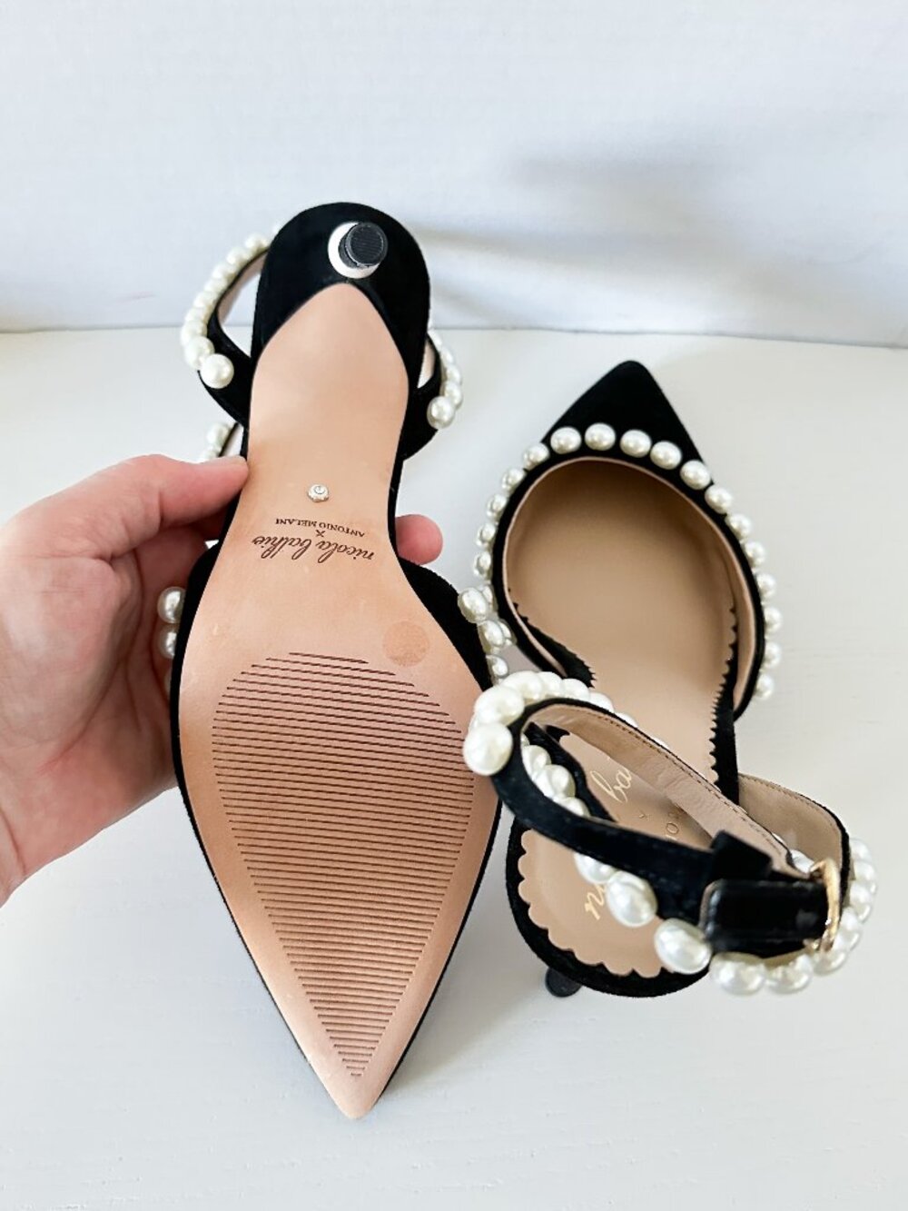 NWOB Antonio Melani x Nicola Bathie Bebe Suede Ankle Strap Pearl Pumps Size 8.5 - Picture 5 of 5